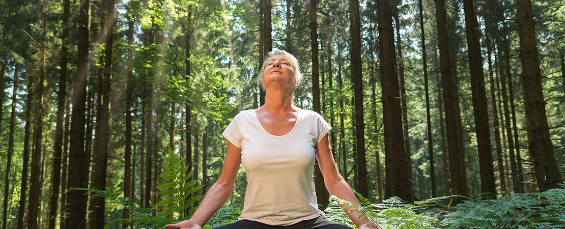 Eine Frau sitzt ruhig mitten im Wald, schließt die Augen und atmet tief durch – die Sonnenstrahlen fallen durch die Bäume. Symbolbild für: Waldbaden in der Natur
